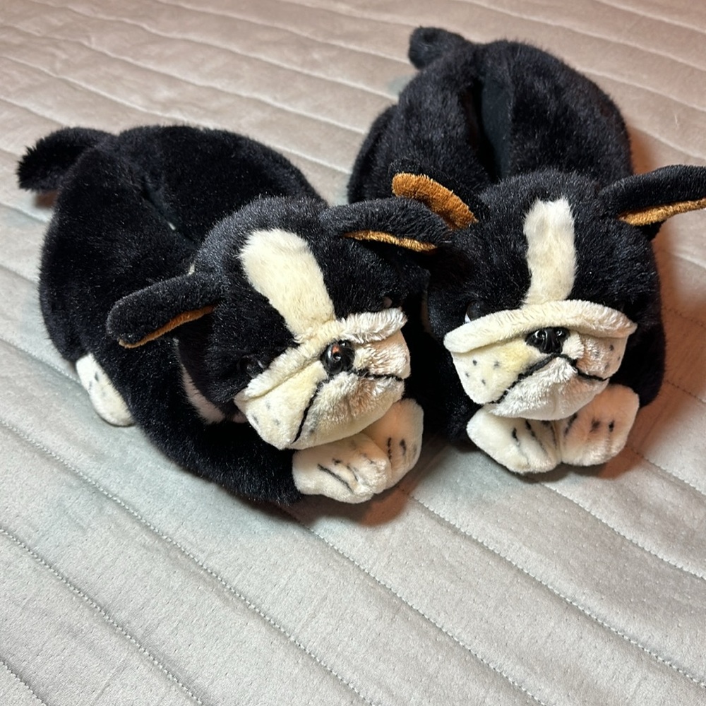 Black, cream brown puppy dog slippers